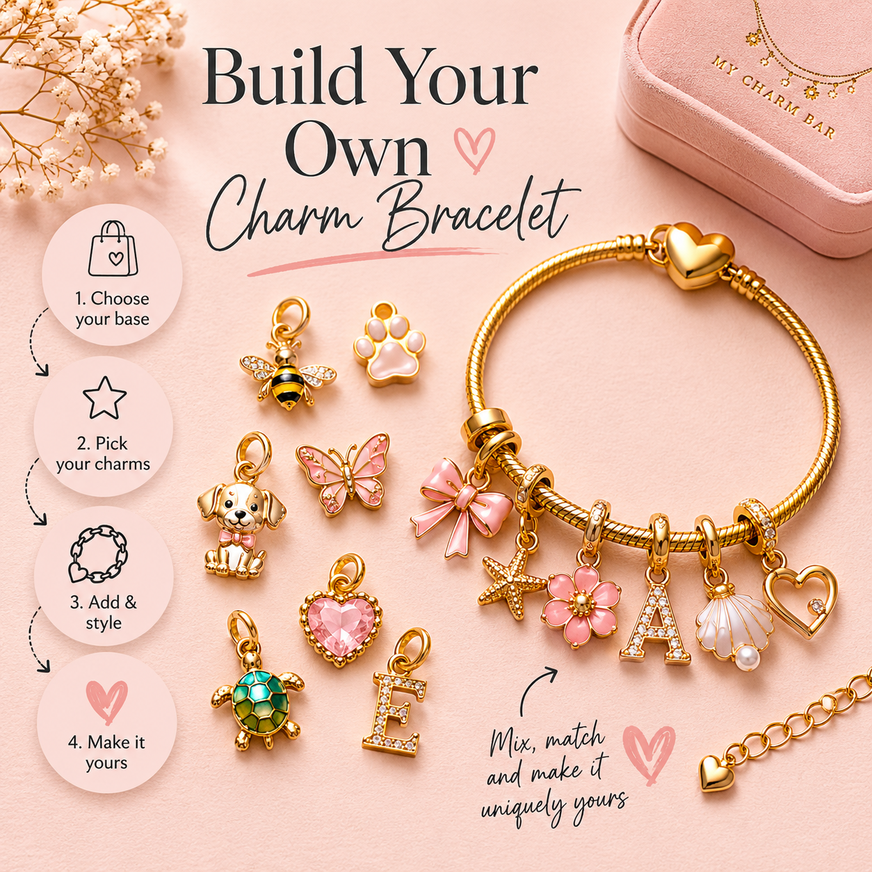 Flat lay showing a gold charm bracelet being built with loose charms, including letters, hearts and animal charms, on a soft blush background