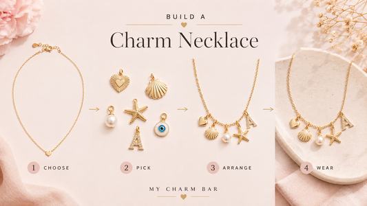 Step by step guide to building a charm necklace at My Charm Bar with a gold chain, loose charms and a finished charm necklace