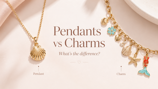 Gold pendant necklace next to a gold charm bracelet showing the difference between pendants and charms