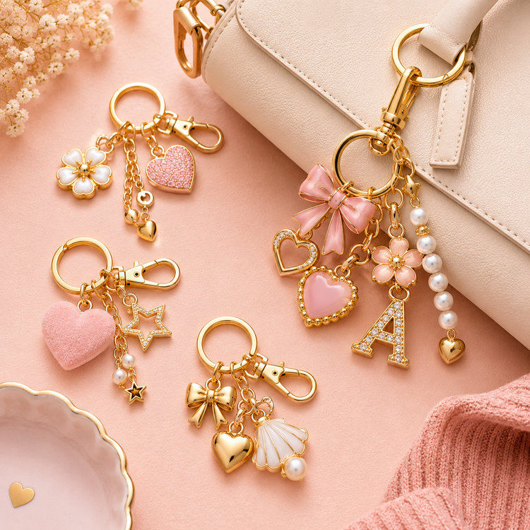 Bag charms for personalised accessories UK with a cream handbag, gold keyrings, pearls, bows and heart charms on a soft pink background