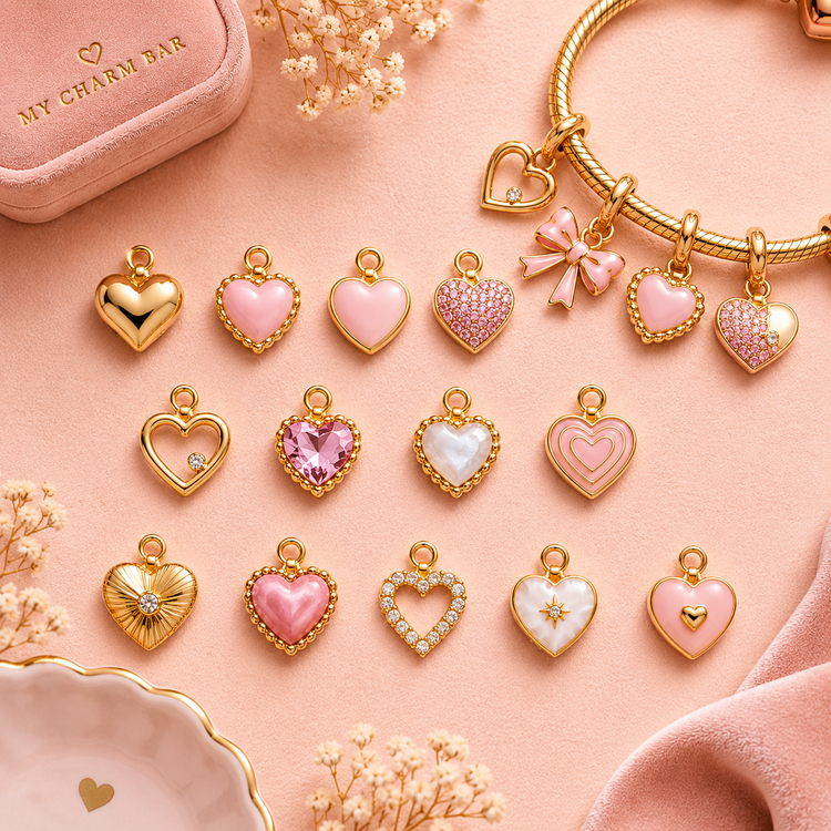Heart charms for personalised bracelets and necklaces UK with gold and pink heart charms on a soft pink background