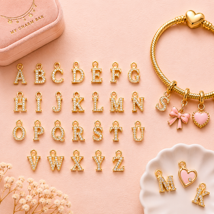 Gold letter charms for adding initials to personalised bracelets, necklaces and charm jewellery gifts.